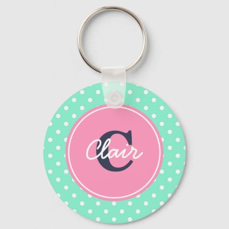 Mint And Pink Dots, Initial, And Name Keychain