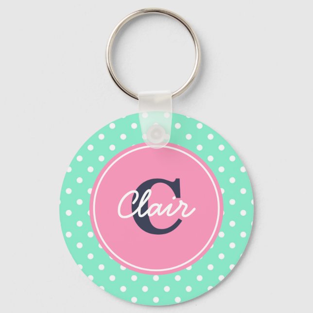 Mint and Pink Dots, Initial, and Name Keychain (Front)