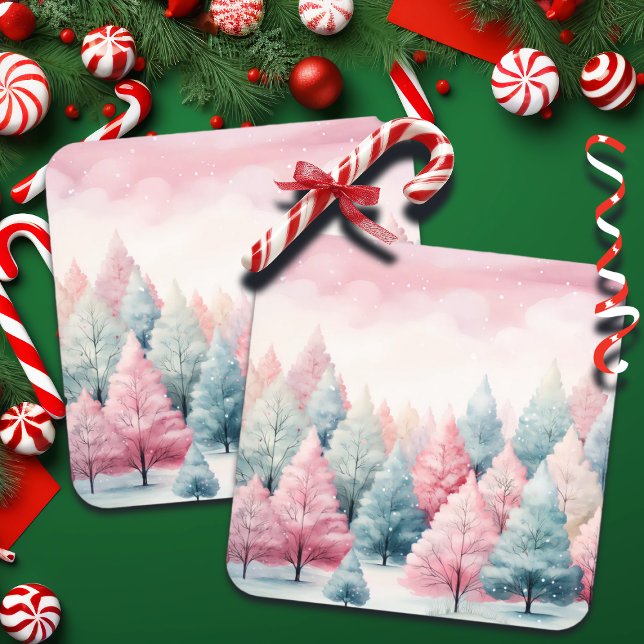 Mint and Pink Fir Trees Winter Scene Beverage Coaster (Creator Uploaded)