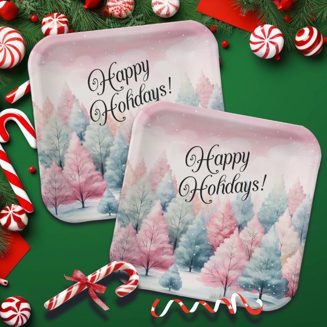 Mint and Pink Fir Trees Winter Scene  Paper Plates (Creator Uploaded)