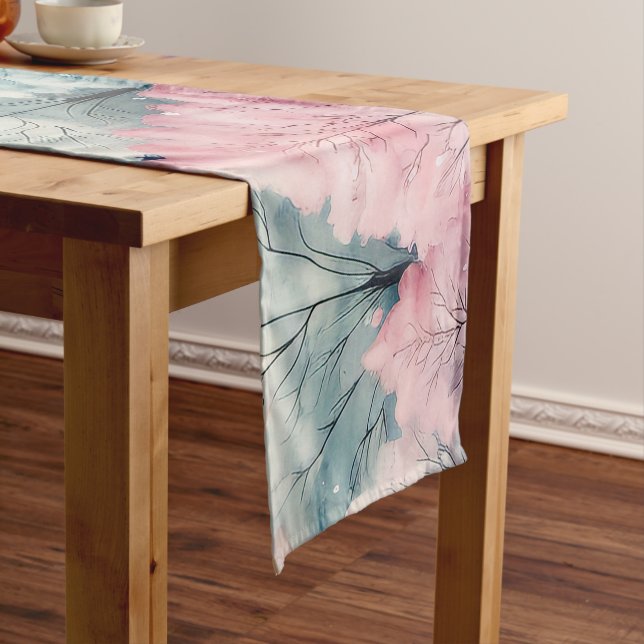 Mint and Pink Fir Trees Winter Scene Short Table Runner (In Situ)