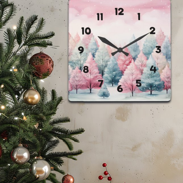 Mint and Pink Fir Trees Winter Scene Square Wall Clock (Creator Uploaded)