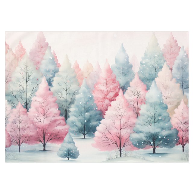 Mint and Pink Fir Trees Winter Scene Tablecloth (Front (Horizontal))