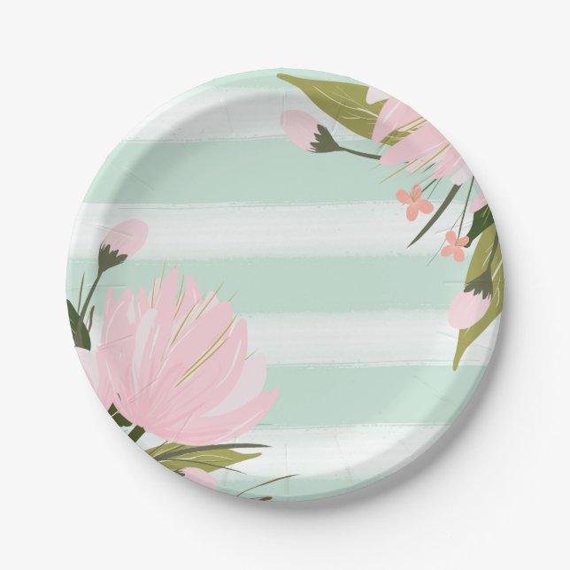 Mint and Pink Floral Paper Plates (Front)
