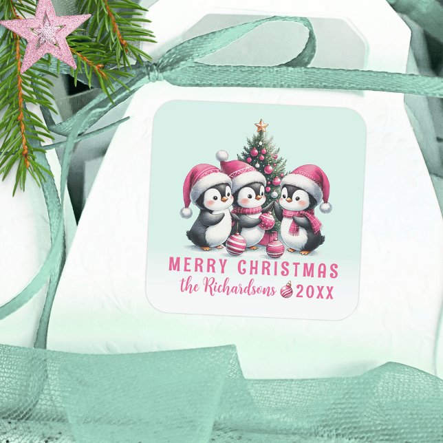 Mint and Pink Funny Penguins Custom Christmas Square Sticker (Creator Uploaded)