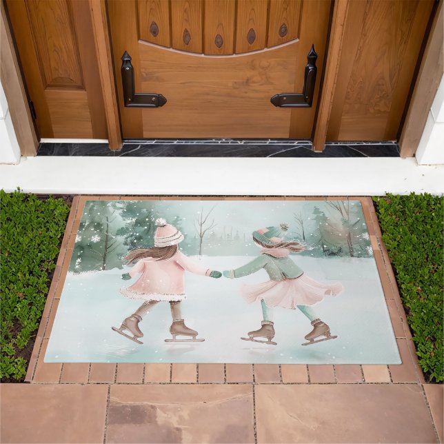 Mint and Pink Girls Skating - Winter Scene Doormat (Outdoor)