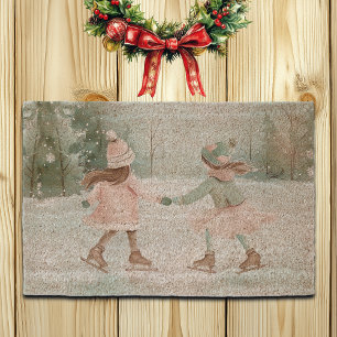 Mint and Pink Girls Skating - Winter Scene Fiber Doormat