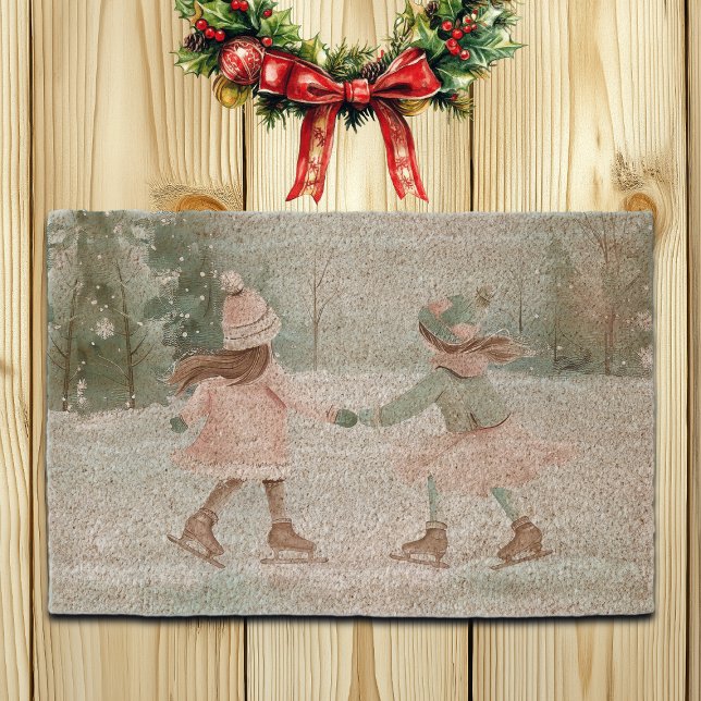 Mint and Pink Girls Skating - Winter Scene Fiber Doormat (Creator Uploaded)