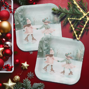 Mint and Pink Girls Skating - Winter Scene Paper Plates