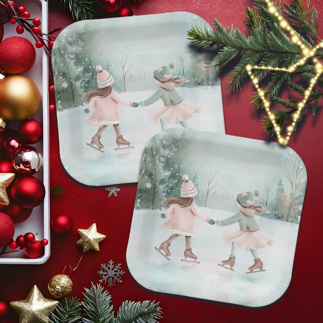 Mint and Pink Girls Skating - Winter Scene Paper Plates (Creator Uploaded)