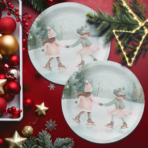 Mint and Pink Girls Skating - Winter Scene Paper Plates