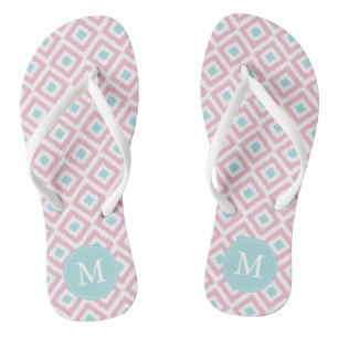 Mint and Pink Ikat Pattern Monogram Flip Flops