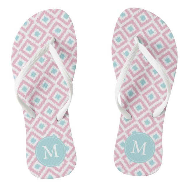 Mint and Pink Ikat Pattern Monogram Flip Flops (Footbed)