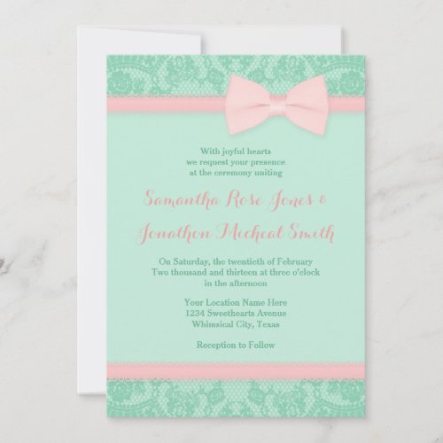 Mint and Pink Lace Wedding Invitation