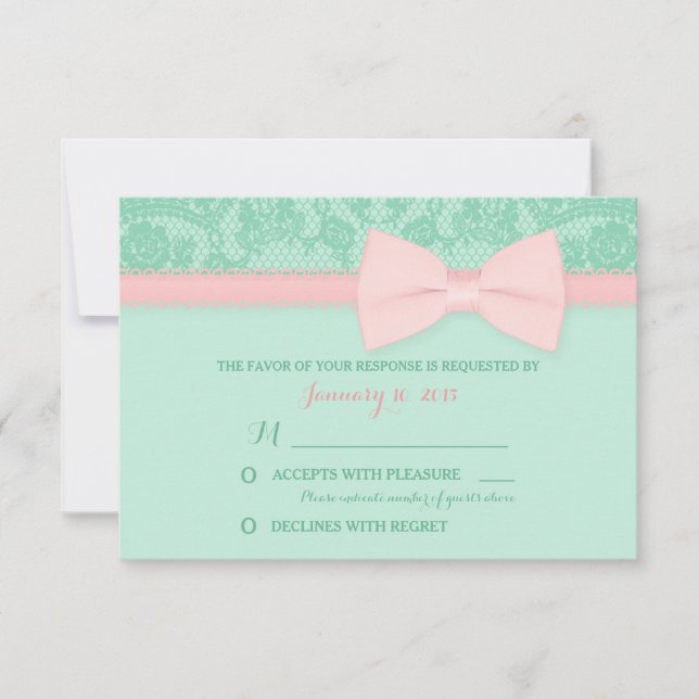 Mint and Pink Lace Wedding RSVP Card (Front)