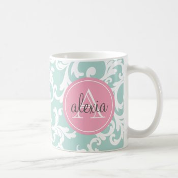 Mint And Pink Monogrammed Damask Print Coffee Mug by Letsrendevoo at Zazzle