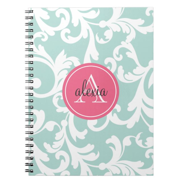 Mint and Pink Monogrammed Damask Print Notebook (Front)