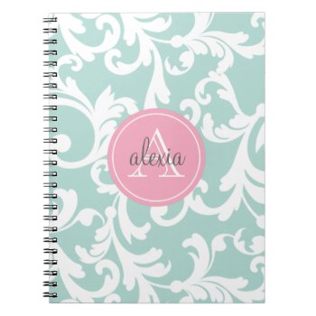 Mint And Pink Monogrammed Damask Print Notebook by Letsrendevoo at Zazzle