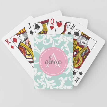 Mint And Pink Monogrammed Damask Print Playing Cards