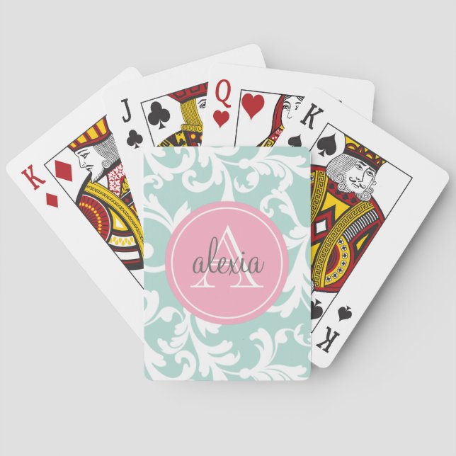 Mint and Pink Monogrammed Damask Print Poker Cards (Back)