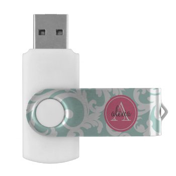 Mint And Pink Monogrammed Damask Usb Flash Drive by Letsrendevoo at Zazzle