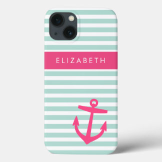 Mint and Pink Nautical Stripes Anchor Monogram iPhone 13 Case