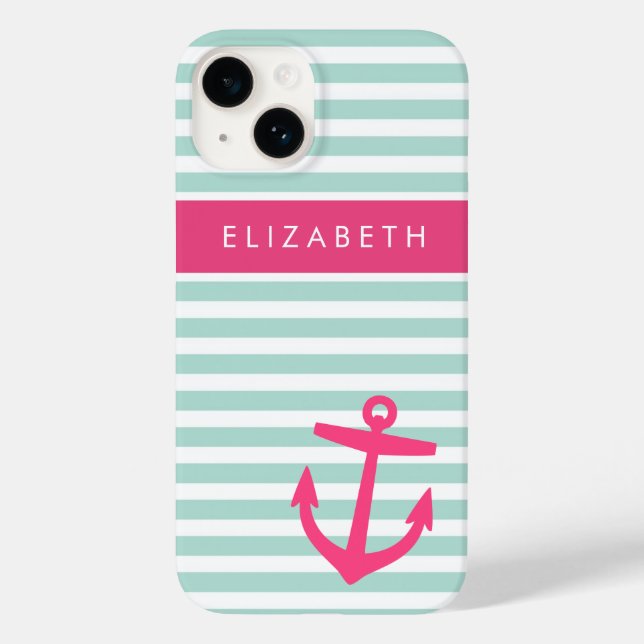 Mint and Pink Nautical Stripes Anchor Monogram Case-Mate iPhone Case (Back)