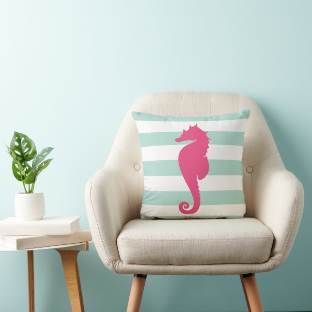 Mint and Pink Nautical Stripes and Cute Seahorse Throw Pillow (Chair)