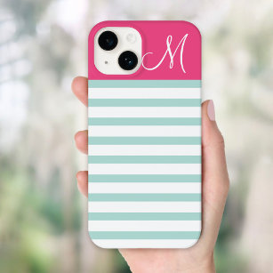 Mint and Pink Preppy Stripes Monogram Case-Mate iPhone 14 Case