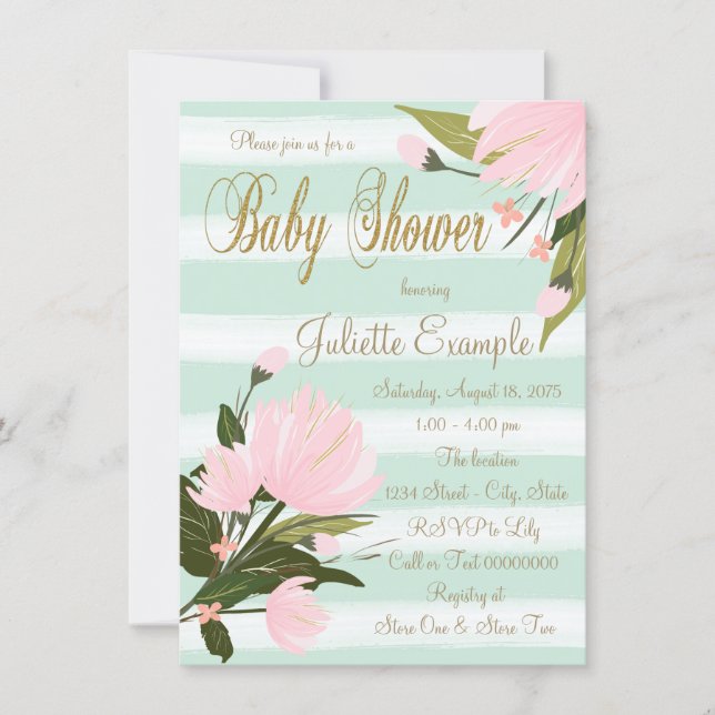 Mint and Pink Stripe Baby Shower Invitation (Front)