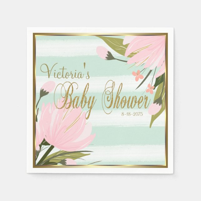 Mint and Pink Stripe Baby Shower Paper Napkins (Front)