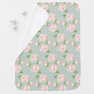 Mint and Pink Vintage Roses Pattern Baby Blanket