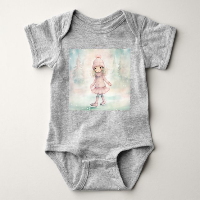 Mint and Pink Winter Scene Girl Skating  Baby Bodysuit (Front)