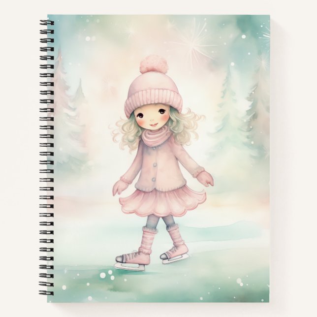 Mint and Pink Winter Scene Girl Skating  Notebook (Front)