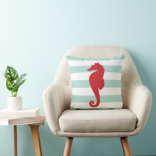 Mint and Red Nautical Stripes and Cute Seahorse Throw Pillow