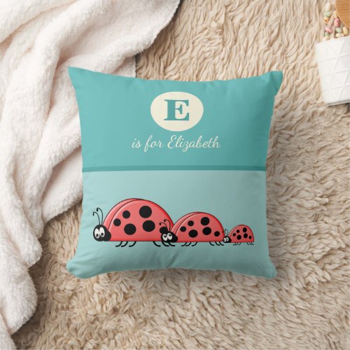 Mint and red with a cute ladybird family baby name throw pillow