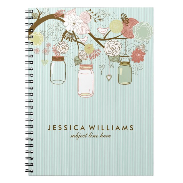 Mint And  Retro Flowers & Mason Jars Notebook (Front)