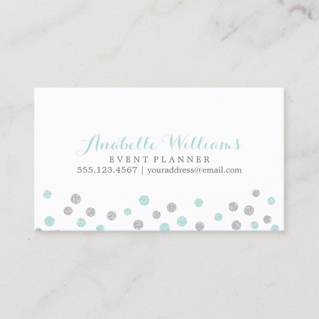 Mint and Silver Glitter Confetti Dots Business Card (Front)