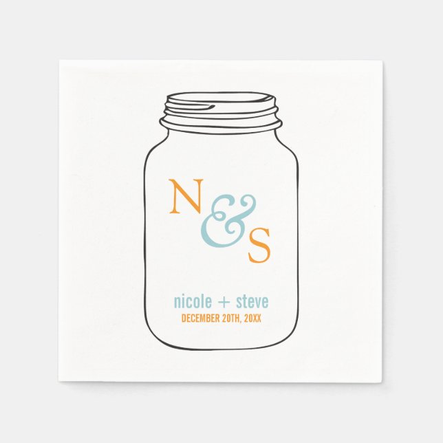 Mint and Tangerine Mason Jar Monogrammed Wedding Paper Napkins (Front)
