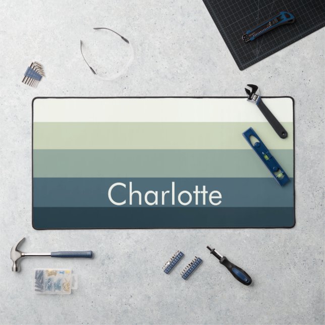 Mint And Teal Stripes Customize Name Desk Mat (Workstation)