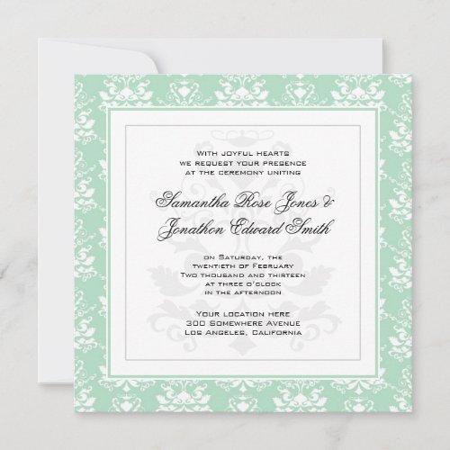 Mint and White Damask Photo Wedding Invitation