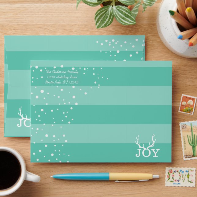 Mint and White Joy Deer Antlers Merry Christmas Envelope (Desk)