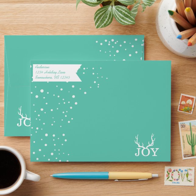 Mint and White Joy Deer Antlers Merry Christmas Envelope (Desk)