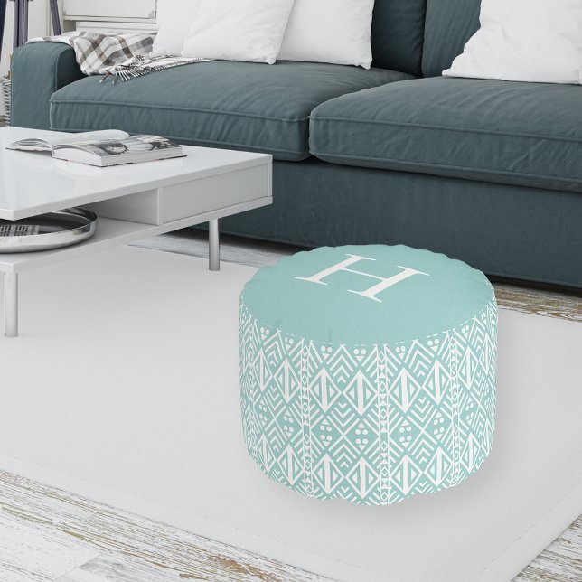 Mint and White Modern Tribal Pattern Monogram Pouf (Creator Uploaded)