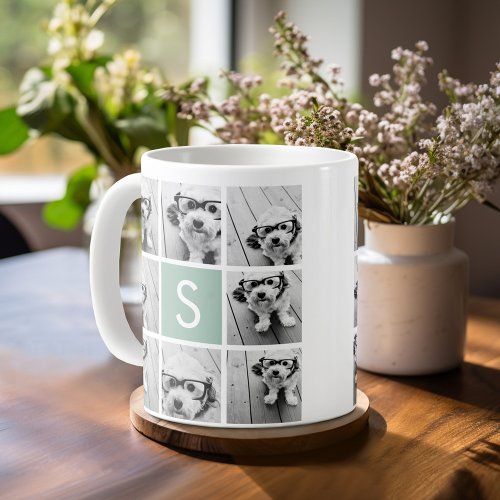 Mint and White Photo Collage with Monogram Coffee Mug