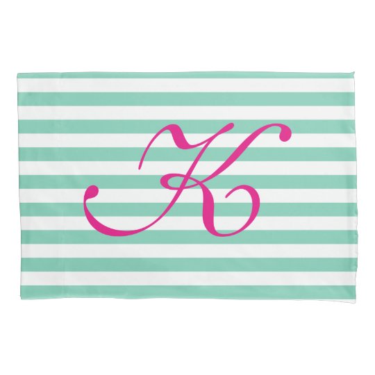 Mint and white striped pink monogrammed pillowcase