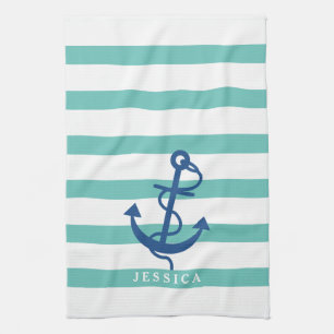 Mint And White Stripes Blue Nautical Anchor 2 Kitchen Towel