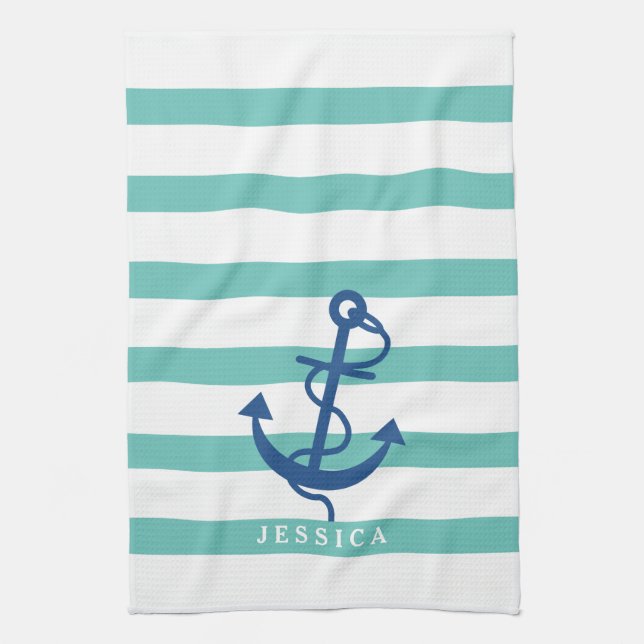 Mint And White Stripes Blue Nautical Anchor 2 Kitchen Towel (Vertical)