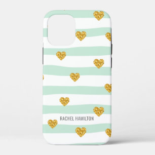 Mint and White Stripes Gold Hearts Custom Name iPhone 12 Mini Case