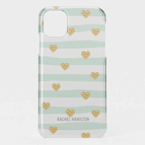 Mint and White Stripes Gold Hearts Custom Name iPhone 11 Case